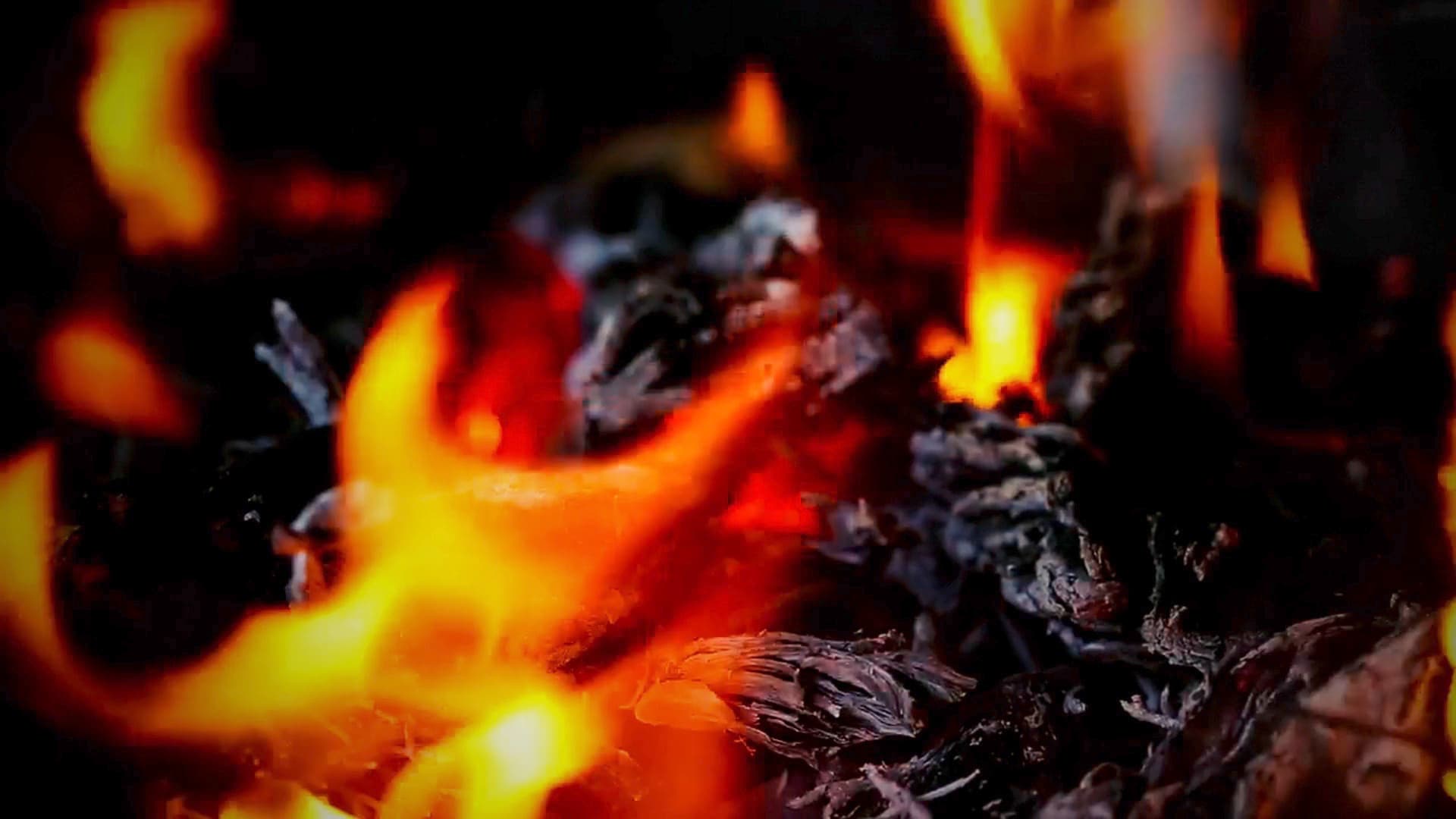 Flames over glowing charcoal, then a seasoned steak laid on the grill, flipped through rising flames, and sliced on a dark slate